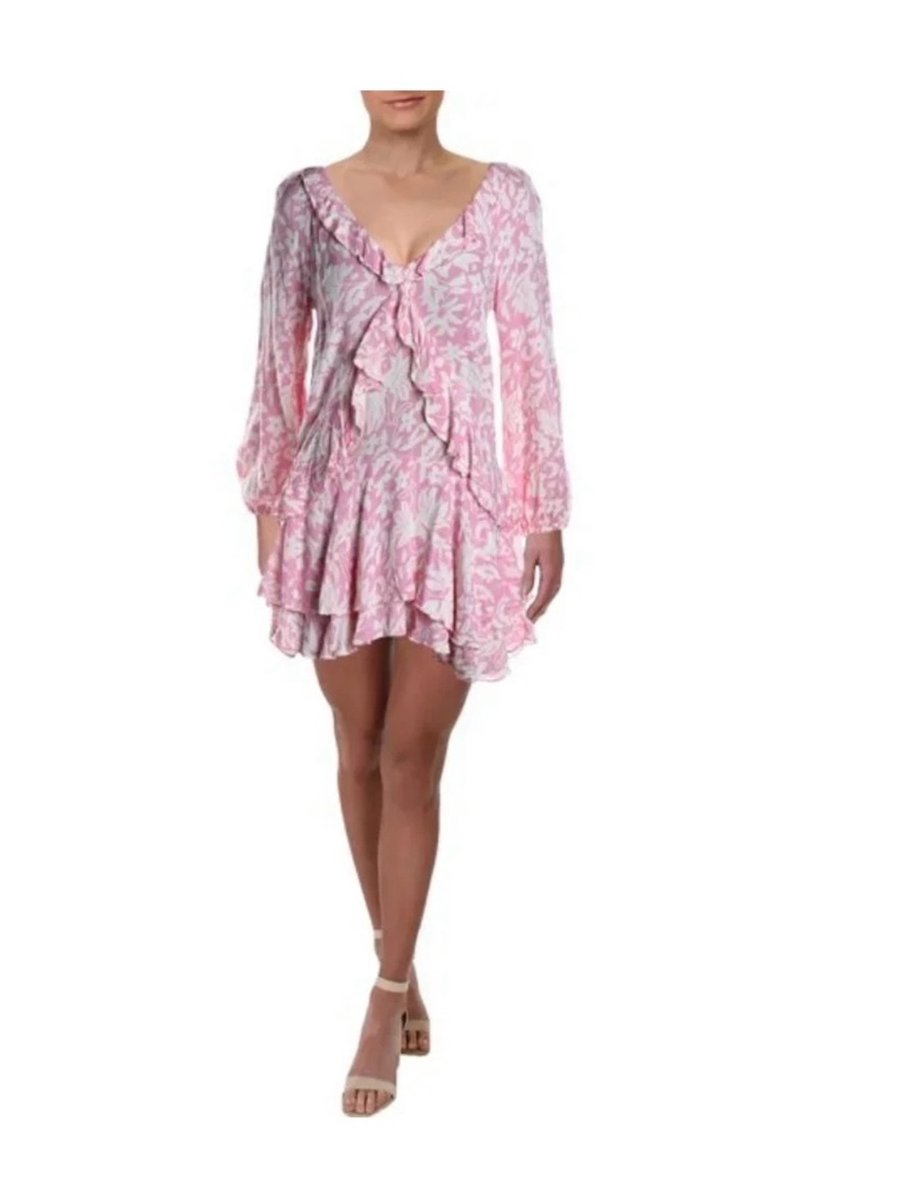 NWT. Free People Rebecca Pink Floral Ruffle, long sleeve dress.small - Picture 4 of 6
